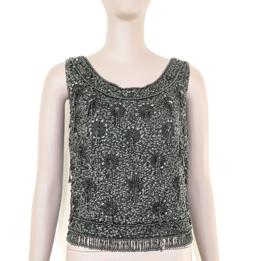 Vintage Boho Beaded Black Tank Top Festival Bohemian Summer Black‎ Top Medium